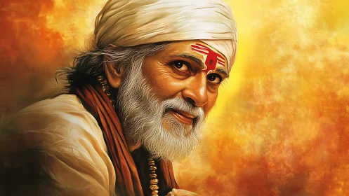 Elderly turbaned guru portrait with warm bokeh light field