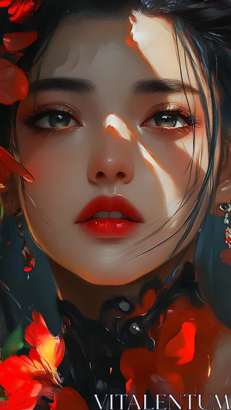 Enigmatic woman bathed in light and red blossoms stares ahead.