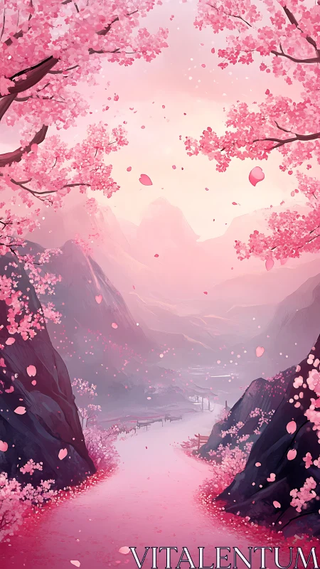 Blossom-lined mountain path curves into misty pink horizon