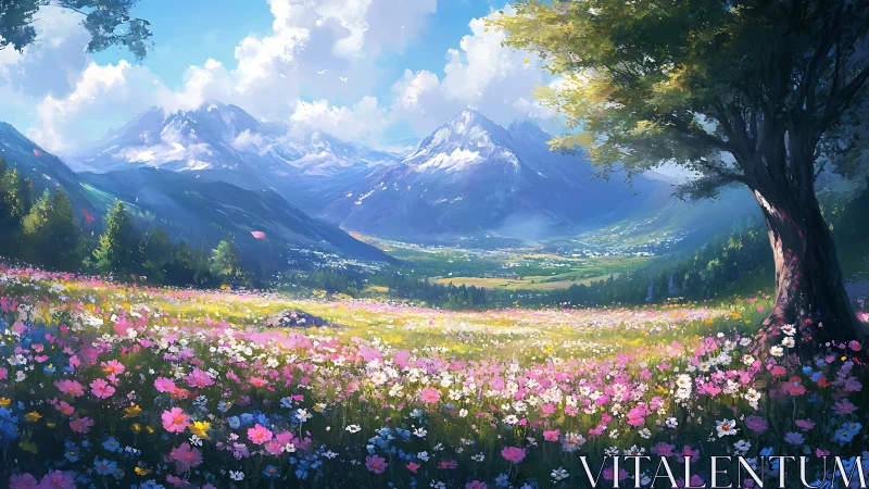 Mountain wildflower meadow under bright summer sunlight.