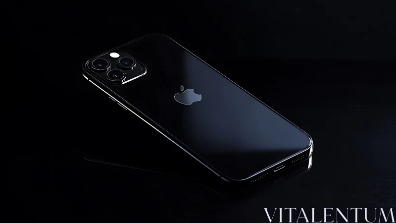 Black smartphone rendered at angle with triple camera module displayed.