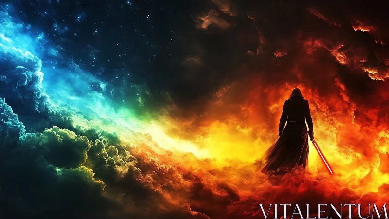 Dark warrior dominates nebular storm in chromatic inferno.