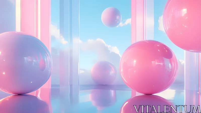 Pastel 3D spheres in reflective sky portal environment.