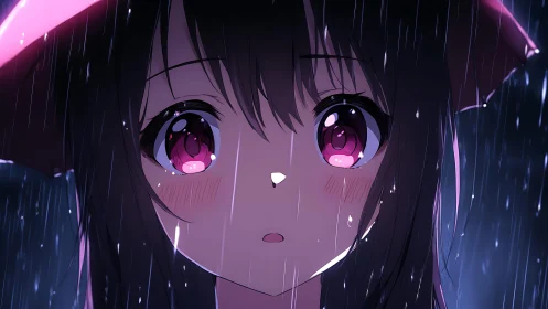 Anime close-up captures melancholic girl in neon backlit rain