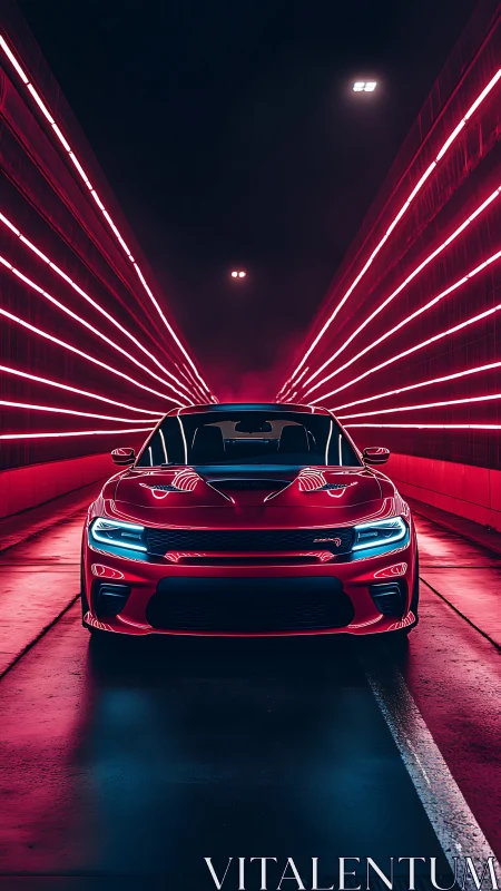 Red sports car stands centered in neon lit tunnel at night