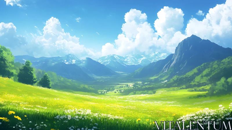 Vast alpine valley rendered with saturated color gradients and depth
