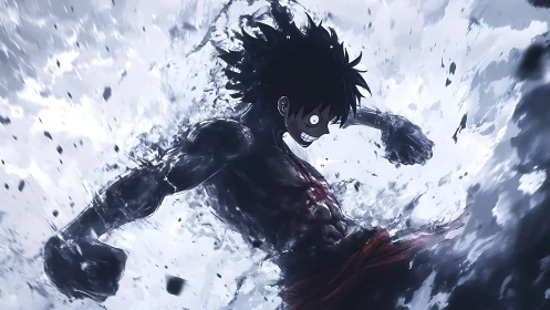 Explosive anime fighter bursts through swirling monochrome energy.