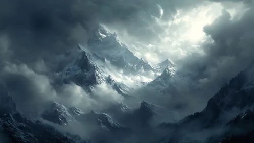 Snow-covered mountain range under dense storm clouds.