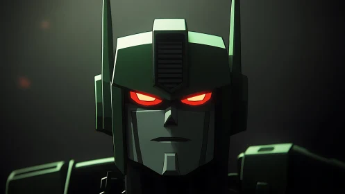 Robot head rendered with hard lighting and red illuminated eyes