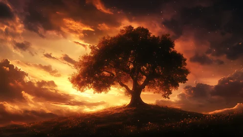 Radiant hillside tree under volumetric sunset cloudscape.