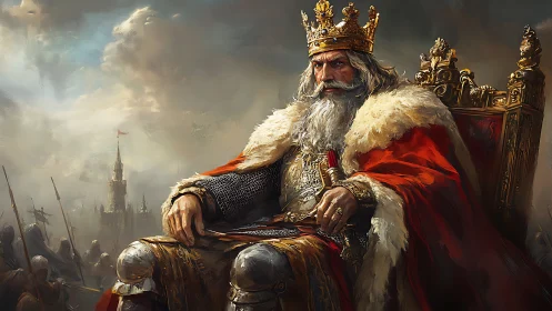Regal medieval king in fur‑lined coronation robes on gilded throne