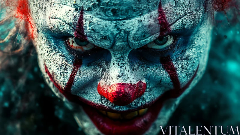 Sinister clown close-up with cracked paint and teal glow.