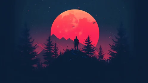 Silhouetted wanderer framed by crimson lunar horizon glow.