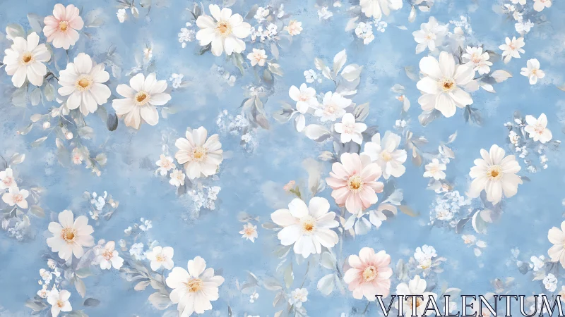 White and pink daisies floating on blue watercolor background
