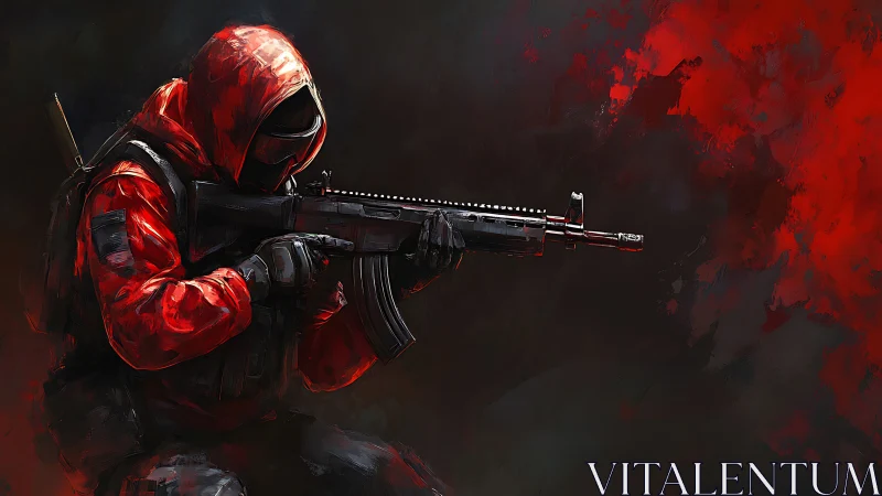 Tactical marksman in red hood against abstract crimson field.