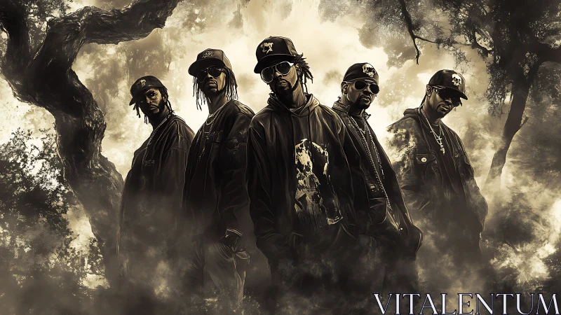 Urban hip-hop crew emerges from misty monochrome forest scene.