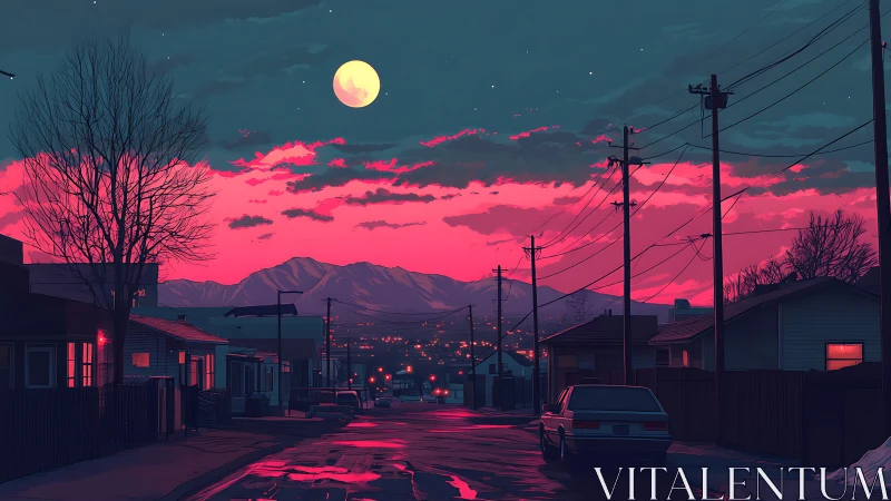 Moonlit suburb wearing neon dusk and quiet mountain haze.