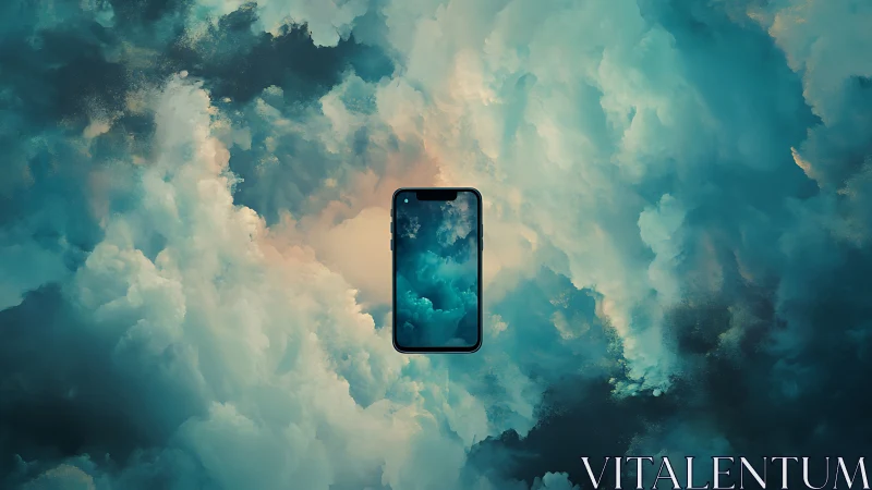 Smartphone floats in teal storm clouds of digital sky.
