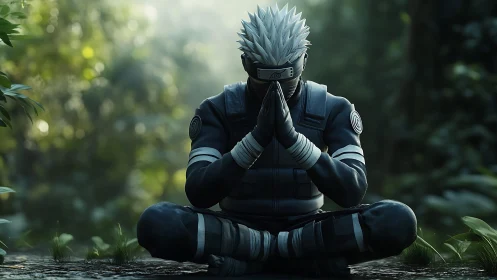 Masked ninja meditates in lush green forest clearing.