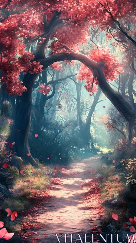 Luminous Forest Pathway: Cherry Blossom Canopy with Ambient Light.
