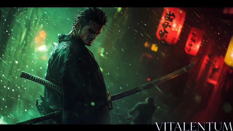 Lone samurai in neon rainlit alley poised for quiet justice.