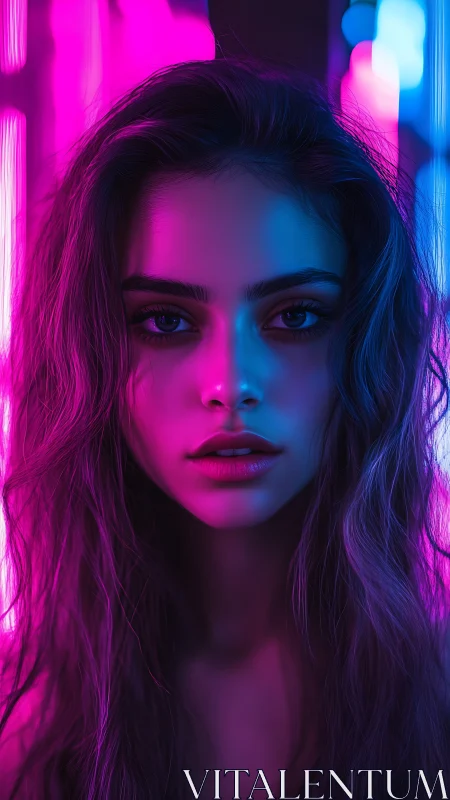 Neon twilight sculpts her gaze into electric stillness