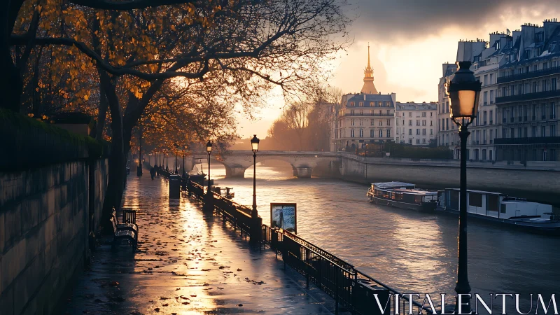 Low-sun riverfront promenade captures wet pavement reflections