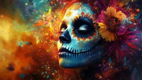 Vibrant sugar skull portrait with explosive floral aura.