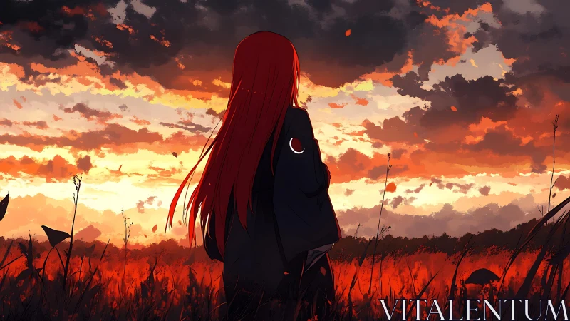 Anime dusk field composition with backlit red-haired figure.