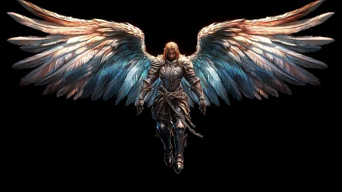 Armored seraph warrior spreads radiant iridescent wings.