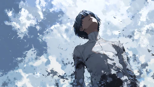 Anime low-angle sky portrait with dynamic cloud abstraction.