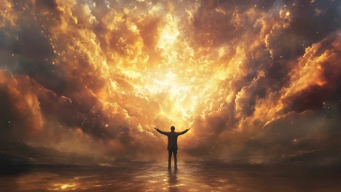 Silhouetted figure embraces a celestial storm of golden light