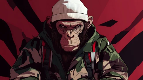 Camouflage-clad chimpanzee in streetwear against red geometry