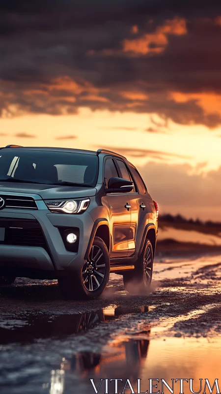 Silver SUV driving on wet coastal track at sunset.