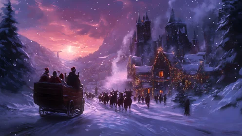 Snowlit carriage to the glowing gingerbread village festival.