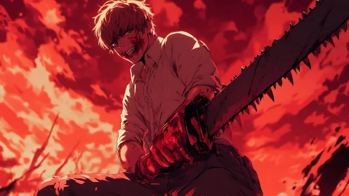 Bloodied anime fighter grips chainsaw against red sky.