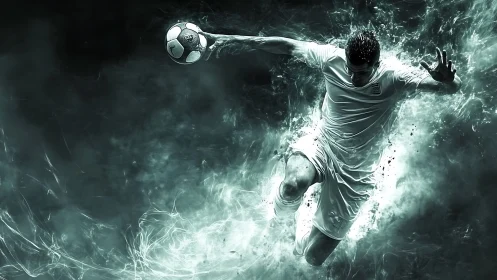 Electric soccer sprint frozen in a storm of motion.