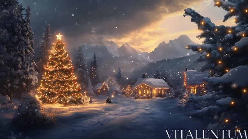 Snowy mountain village with illuminated Christmas tree.