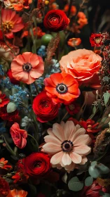 Scarlet Reverie: Dancing Roses and Anemones in Luminous Bloom.