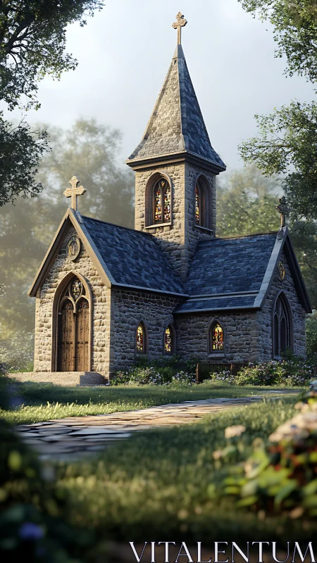 Stone chapel basks in soft morning light amid lush garden.