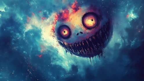 Sky-born nightmare grins through burning storm clouds.
