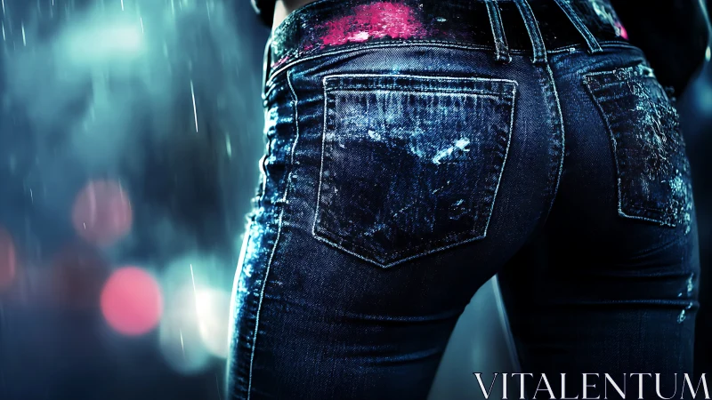 Back view of wet denim jeans in a shallow depth scene