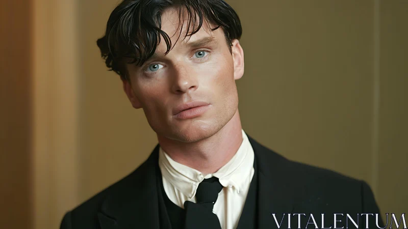 Thoughtful young man in classic black suit and tie portrait.