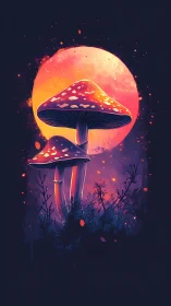 Luminous moonlit mushrooms guarding a neon twilight forest.