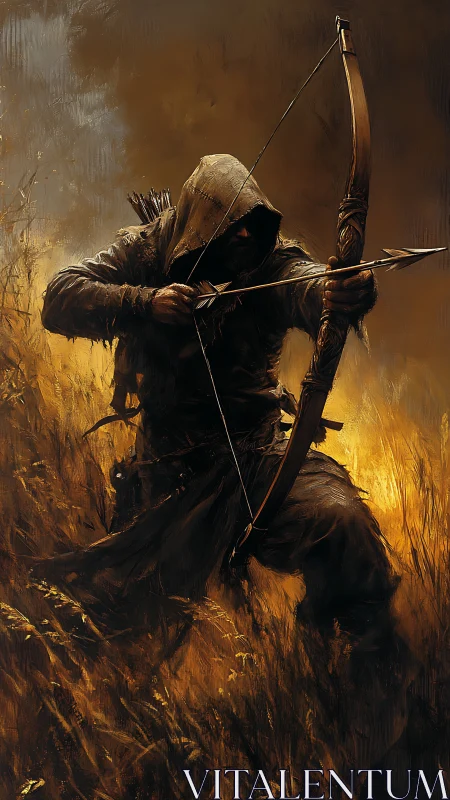 Hooded medieval archer draws bow amid blazing backlit field