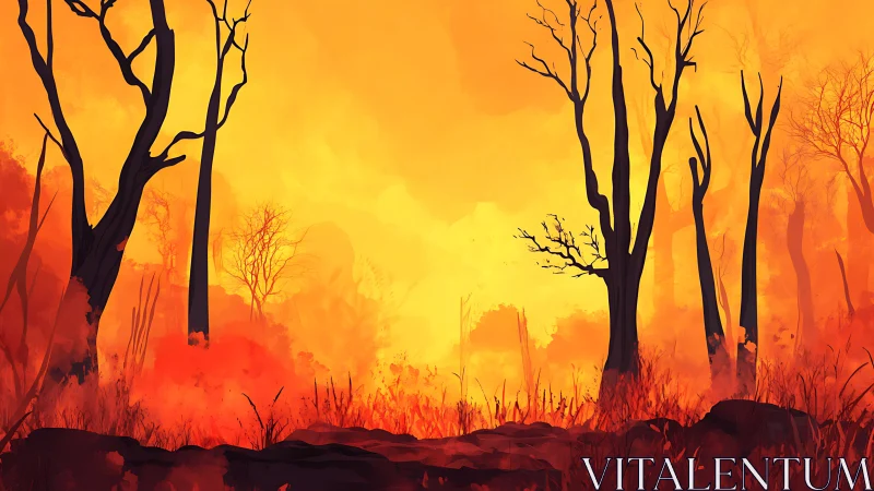 Wildfire Landscape with Silhouetted Trees at Sunset.