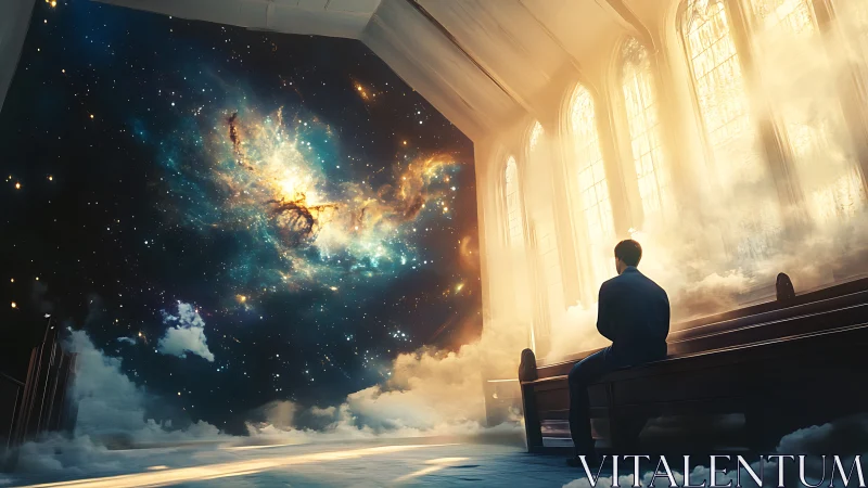 Man in misty church watching vast cosmic galaxy sky portal
