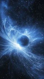 Starlit blue vortex cradling a mysterious cosmic sphere.