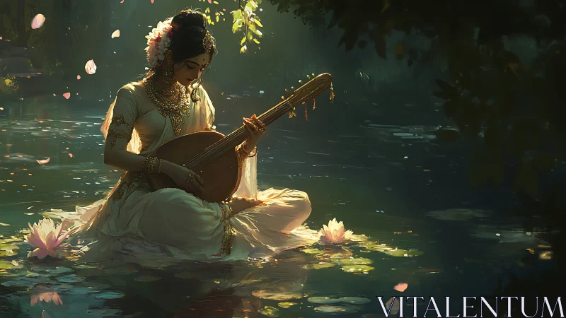 Woman in white playing lute on lotus pond at twilight.
