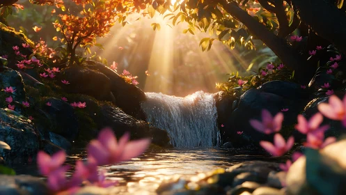 Golden sunbeams illuminate a tranquil forest flower stream